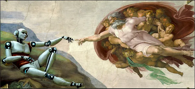 michealangelos famous renaissance painting ‘the creation of adam’ with a robot figure superimposed onto adams body