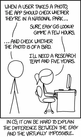 XKCD comic explaining that image classification is a complex problem, in 2014