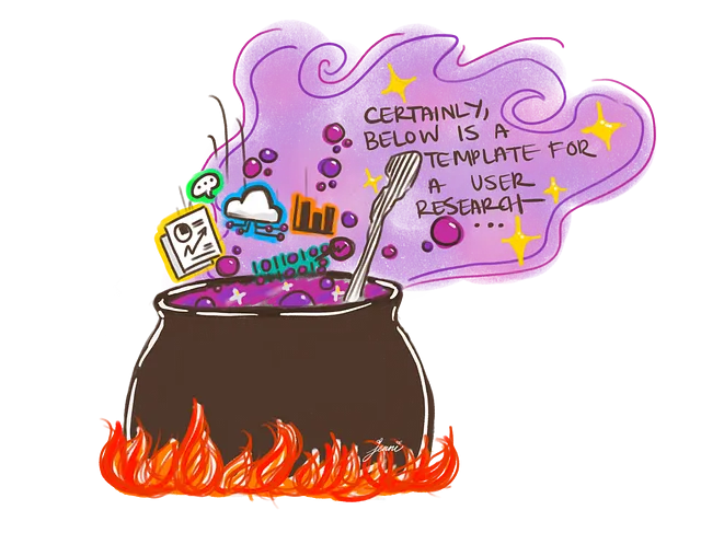 A witches’ cauldron to represent how research is conceptualized. Different items are being thrown into the potion including raw data, user feedback, reports and graphs. The fumes from the potion represent generative AI chat responses.