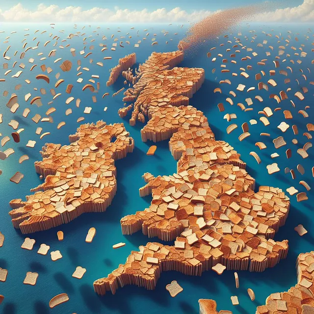 Infographic — 20 million slices of bread suspended in the air at varying heights to create the map of the United Kingdom