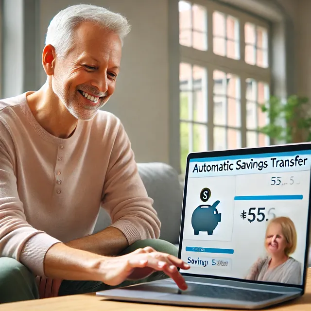 An image of a person looking relieved as they review their bank account showing an automatic savings transfer.)