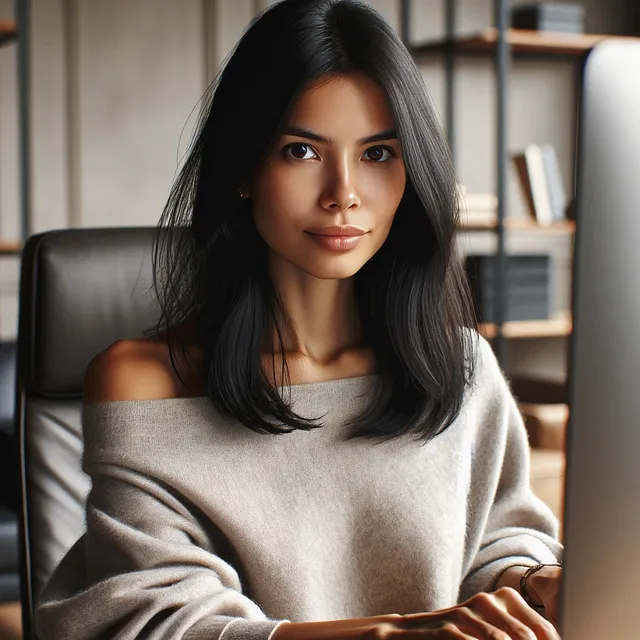 Woman at her desk in an office typing looking serious.