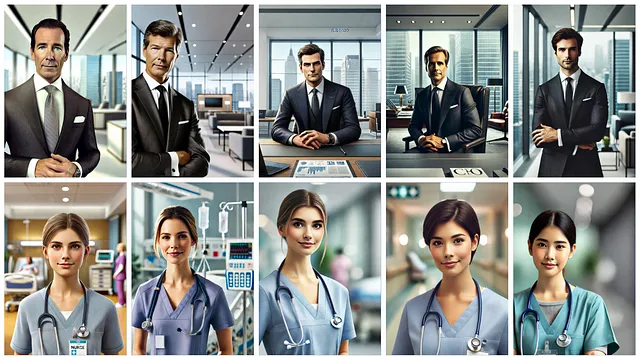 ChatGPT output showing portraits of 5 male CEOs and 5 female nurses