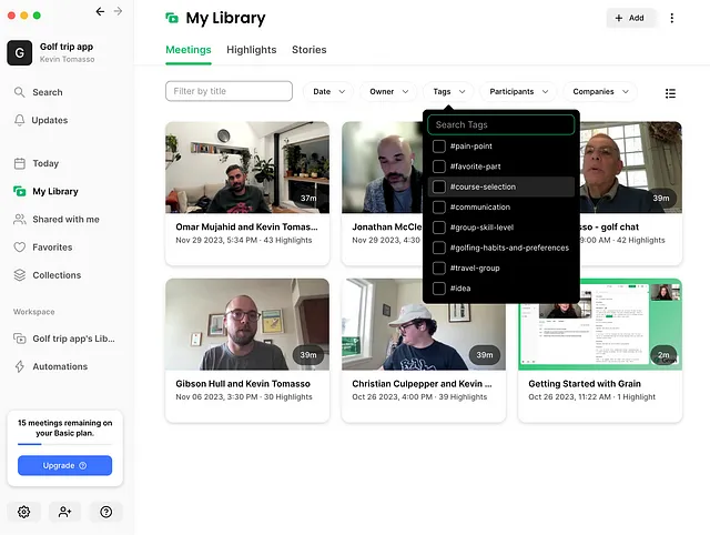 Screenshot of the “My Library” view in the Grain app. It shows a thumbnail of each interview along with a dropdown list of tags (codes) that the list can be filtered by.