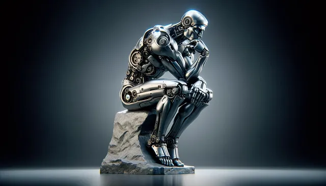 A robot in the style of Auguste Rodin’s “The Thinker.” The futuristic and mechanical form sits in deep contemplation, blending classical sculpture with modern technology.