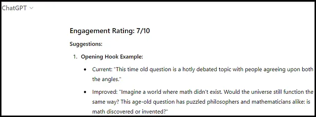 Screenshot of Engagement rating output in ChatGPT