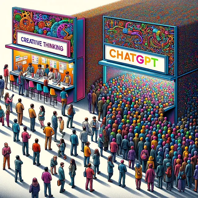 The booth named “ChatGPT” is flooded with people, whereas the booth named “Creative Thinking” has a handful of people outside of it. The image is shown to symbolize how tools such as ChatGPT are gaining popularity, and in turn hampering our creative thinking.