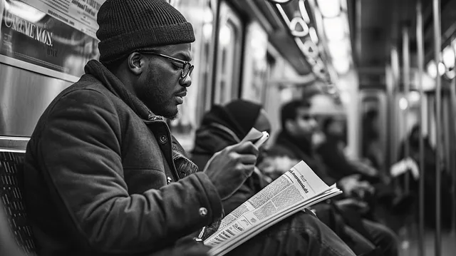 A New York Commuter reads a newspaper on the Metro