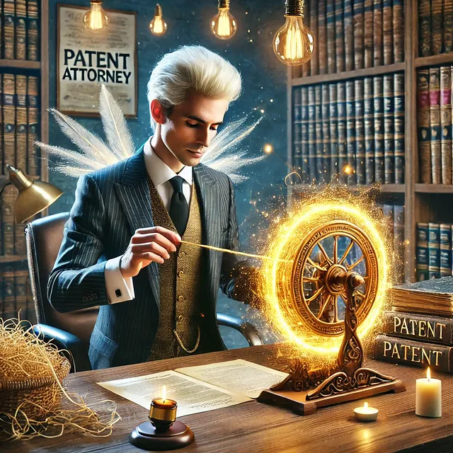 Rumpelstiltskin as a patent attorney spinning straw into a golden patent.