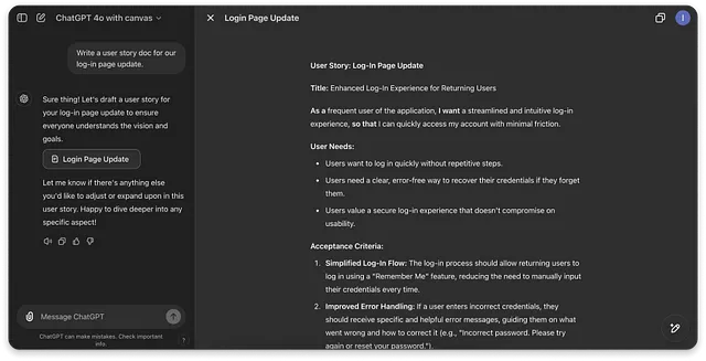 The image shows a split-screen interface of “ChatGPT 4.0 with canvas” on the left and a “Login Page Update” document on the right. The left panel includes a prompt requesting to “Write a user story doc for our log-in page update” and ChatGPT’s response, offering to draft a user story for clarity on the vision and goals. The right panel details the user story for an “Enhanced Log-In Experience for Returning Users,” listing user needs like quick access and secure log-in, as well as acceptance crit