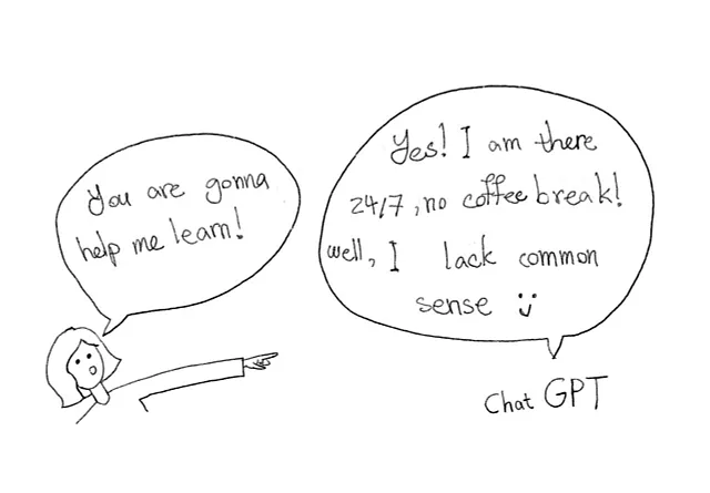 A person telling AI that: you are gonna help me, Chat GPT Answers: Yes! I am there 24/7, no coffee break! well, I lack common sense!