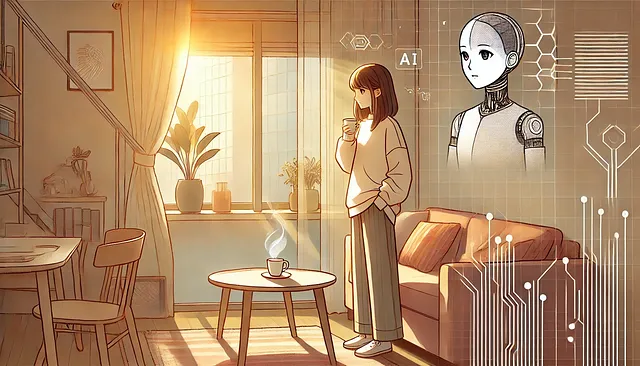 A young woman stands in a cozy living room, bathed in soft morning light. She sips coffee while gazing thoughtfully out the window. Beside her is a futuristic AI figure, symbolizing a blend of human reflection and technology. The scene feels peaceful and contemplative, with subtle sci-fi elements woven into the warm, homey atmosphere.